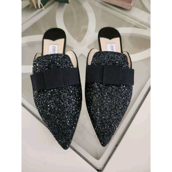 Jimmy Choo Shoes - Jimmy Choo Women's Black Coarse Glitter Galaxy Mule Flats Shoes Size 37